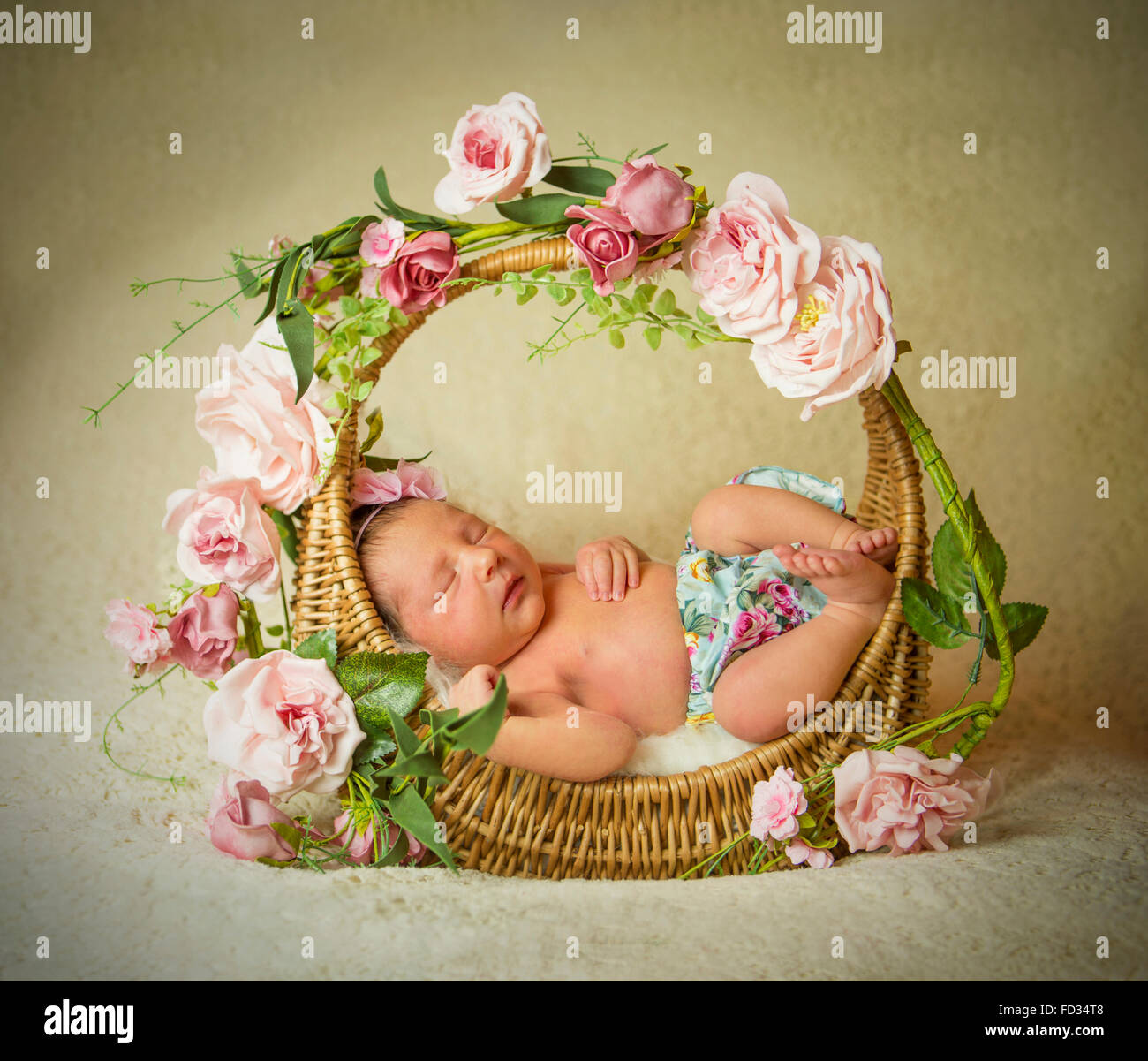 Naissance Bebe Fille Endormie Dans Un Panier De Fleurs Photo Stock Alamy