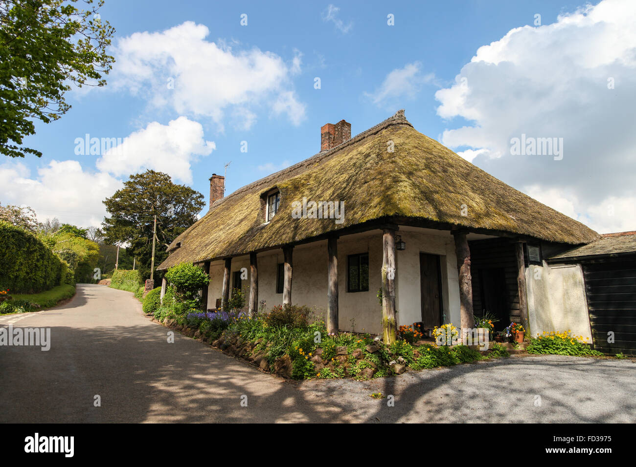 Dunchideock, Devon, UK, thatched cottage traditionnel avec postes bois Banque D'Images