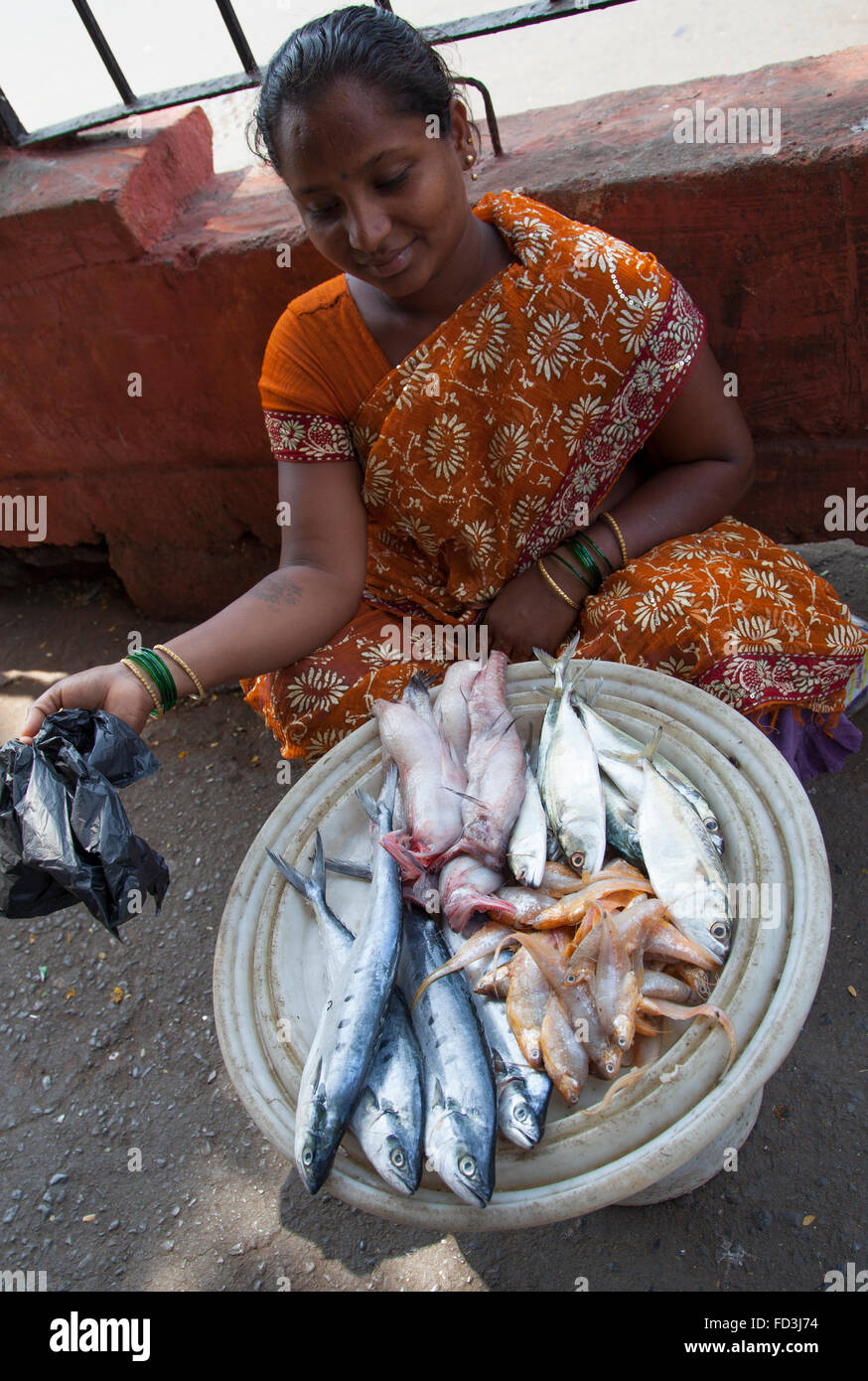 Vendeur de poisson à l'extérieur de Victoria Terminus ( Gare Chhatrapati Shivaji), Mumbai, Inde. Banque D'Images