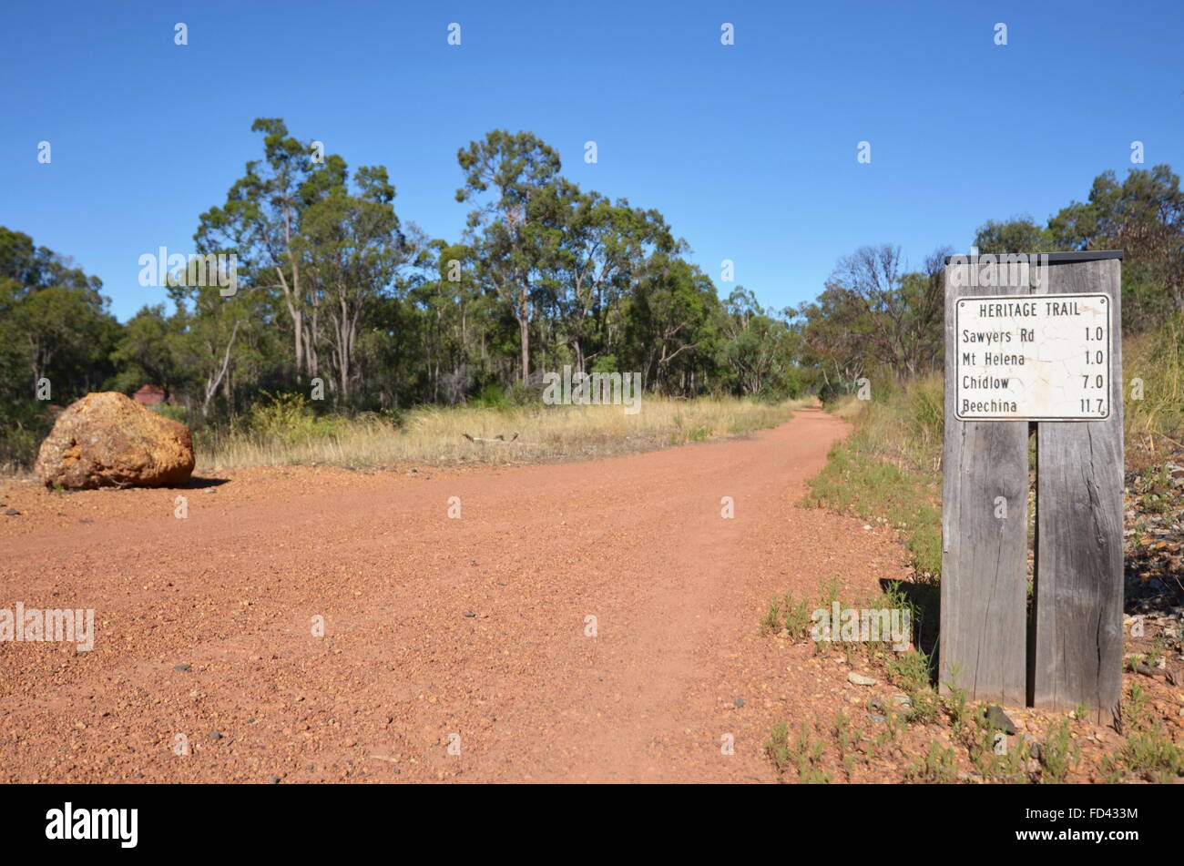 Un panneau routier sur le chemin de fer se réserve Heritage Trail dans John Forrest National Park, Australie occidentale Banque D'Images