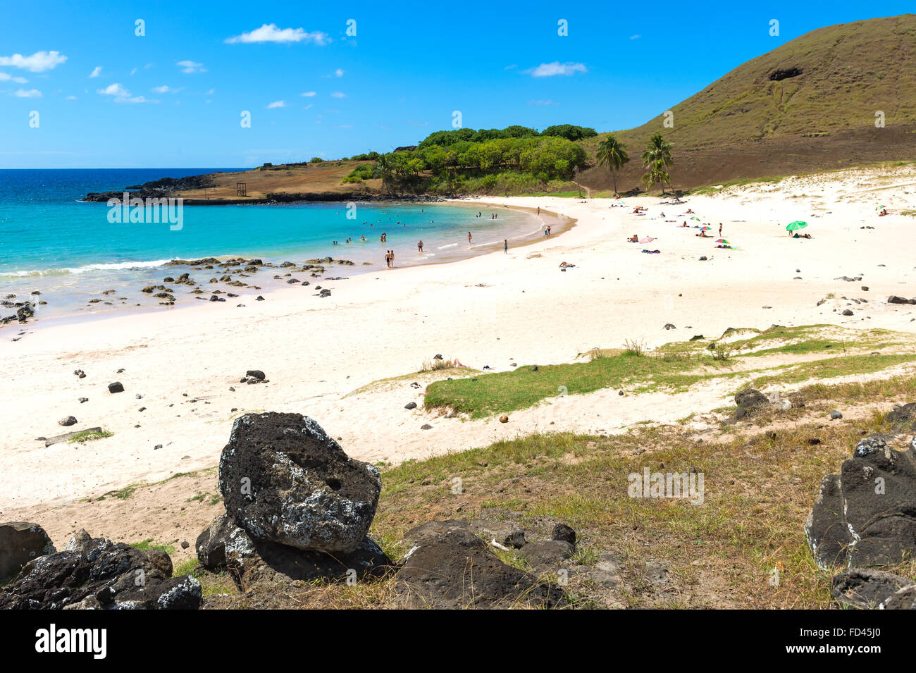 La plage de Anakena, Anakena, Chili, île de Pâques, parc national de Rapa Nui Banque D'Images