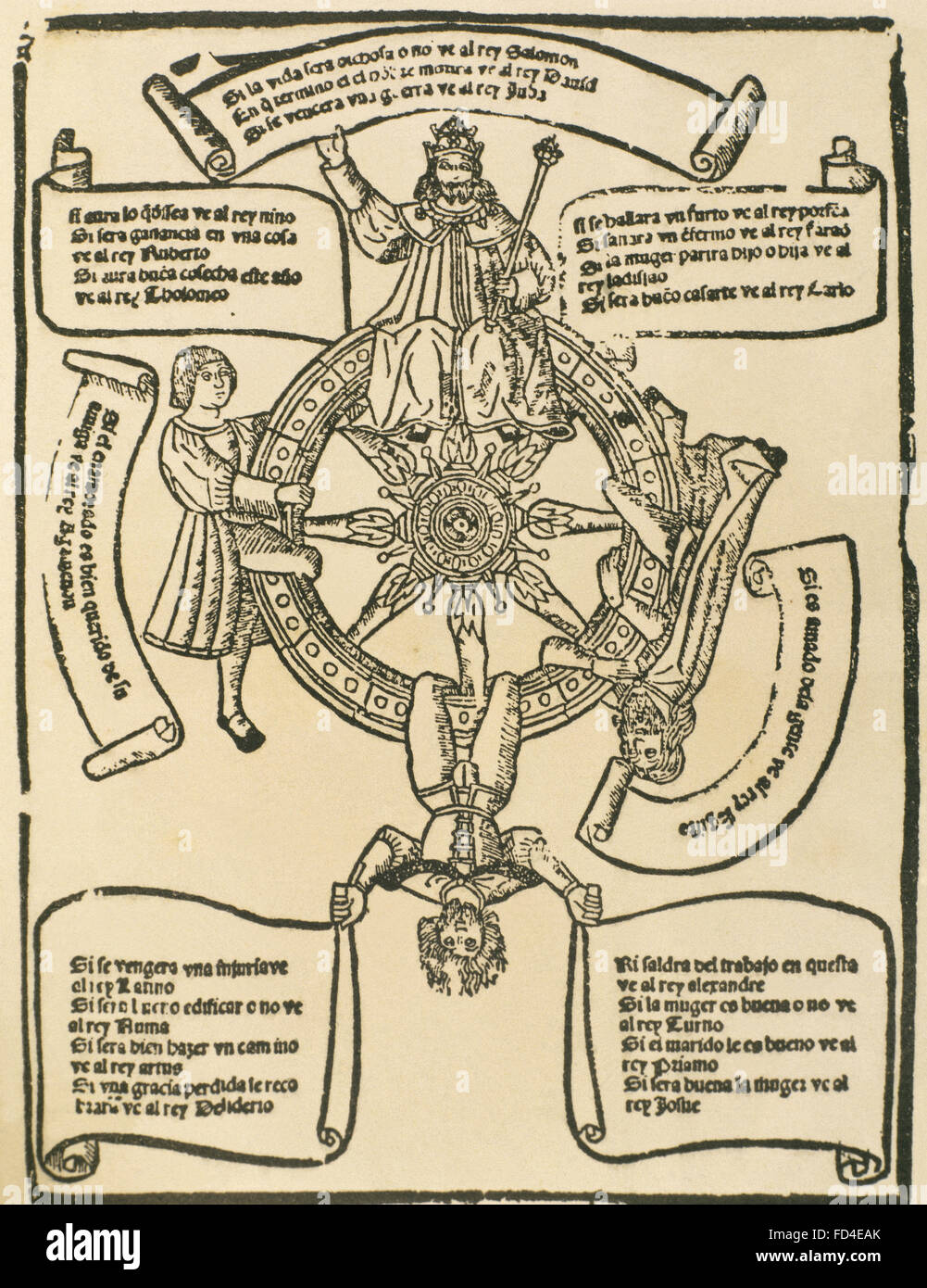 Vingt questions roue (Rueda de las preguntas vingt). Illustration d'un livre augural pratiques. Livre de jeux de hasard, publié à Valence par Jordi Costilla, 1515. L'Espagne. Banque D'Images