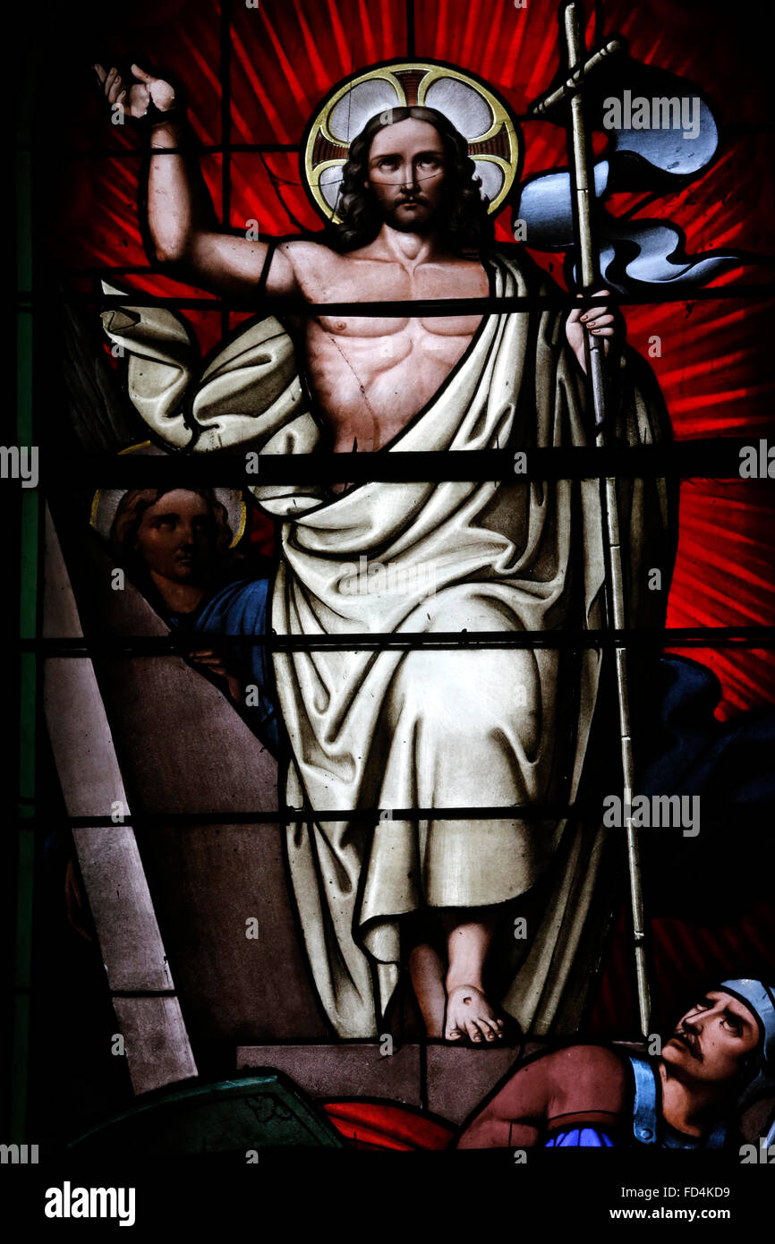 Sanctuaire de Notre Dame de la Salette. Vitrail. Jésus Christ. La résurrection. Banque D'Images