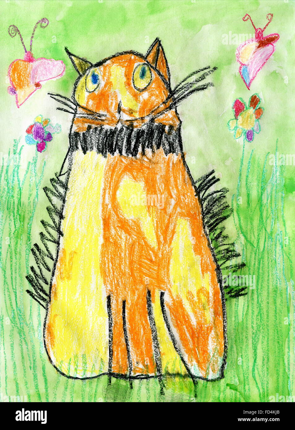 Dessin Enfant De Chat Rouge Avec Des Taches Jaunes Pastels A L Huile Photo Stock Alamy