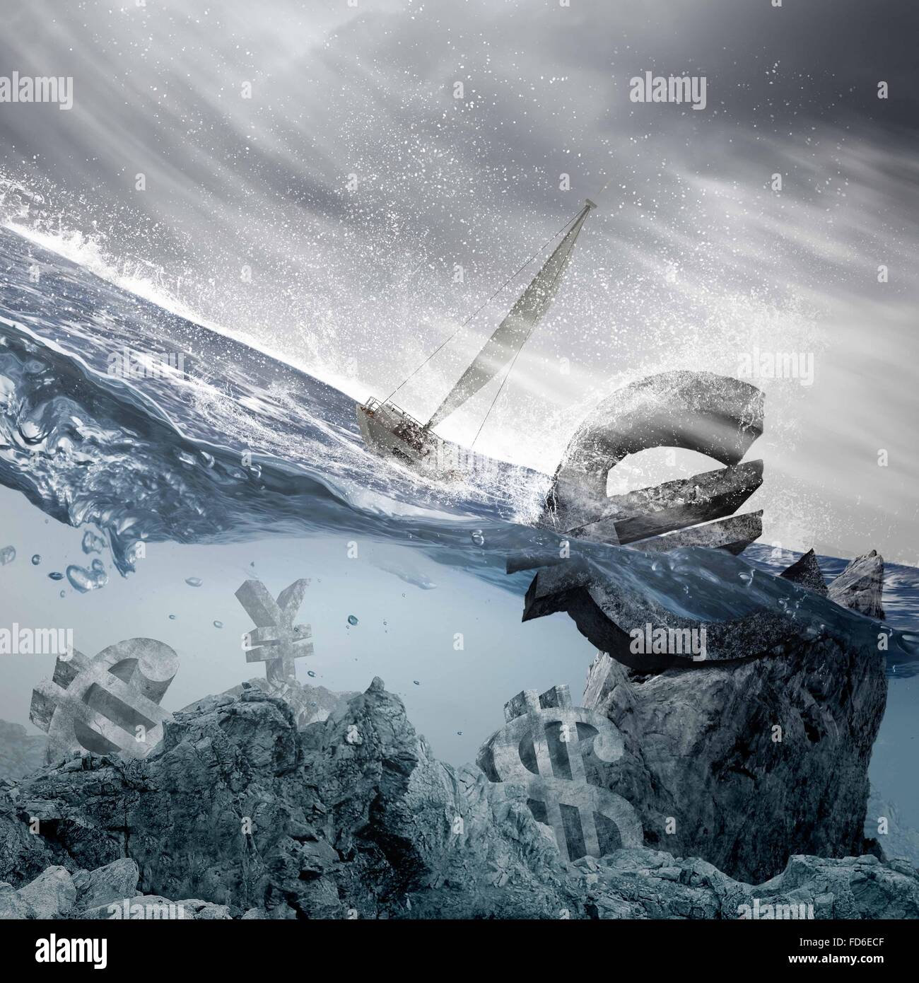 Symboles de devises en contrebas avec location de flotter au-dessus Banque D'Images