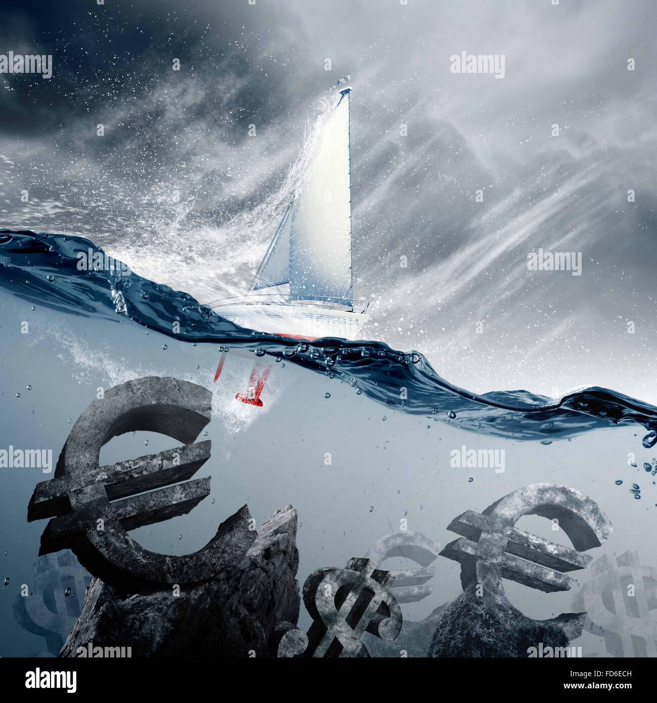 Symboles de devises en contrebas avec location de flotter au-dessus Banque D'Images