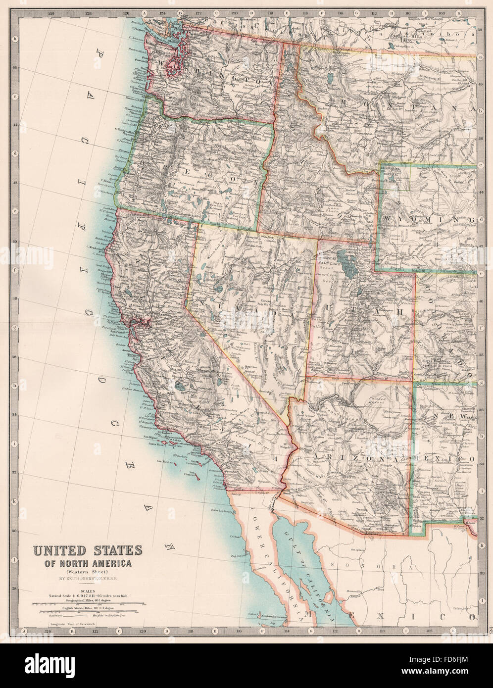 Ouest USA : Pacific/Mountain states.Californie OU WA NV ID AZ UT.JOHNSTON 1906 map Banque D'Images
