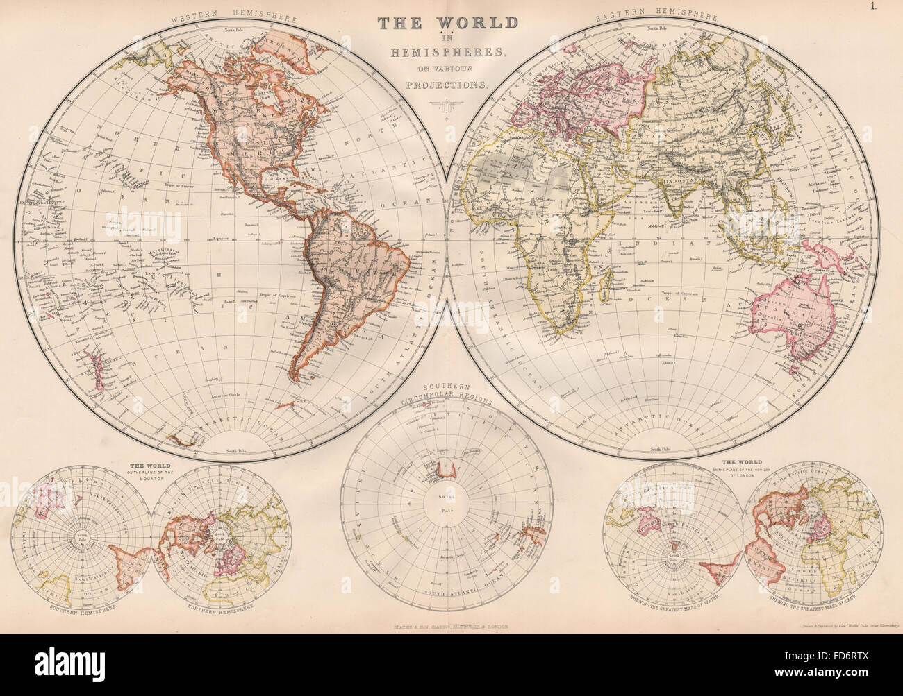 Monde en hémisphères : Antarctique équatoriale avions Londres. BLACKIE, 1882 map Banque D'Images