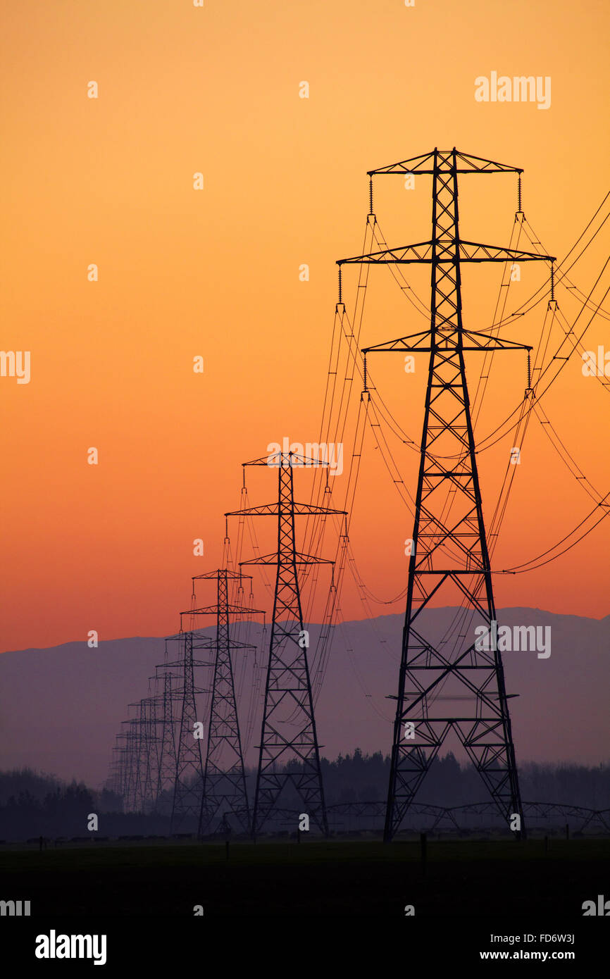 Rangée de pylônes électriques au coucher du soleil, Mi Canterbury, île du Sud, Nouvelle-Zélande Banque D'Images