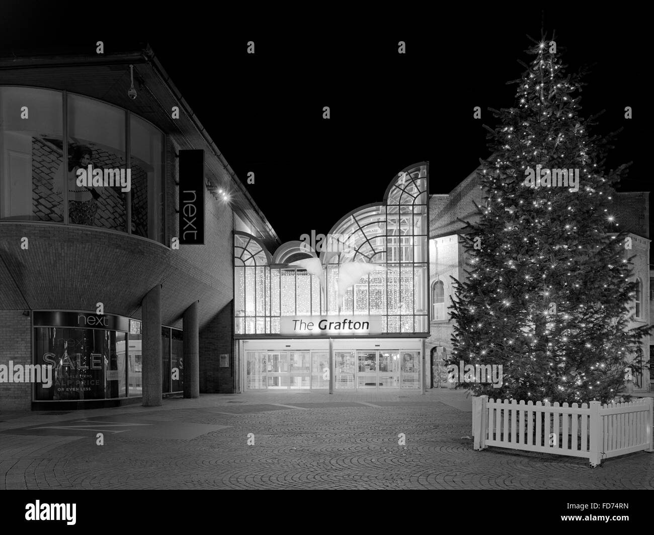 Arbre de Noël à l'extérieur de la Grafton Center à Cambridge en Angleterre Banque D'Images