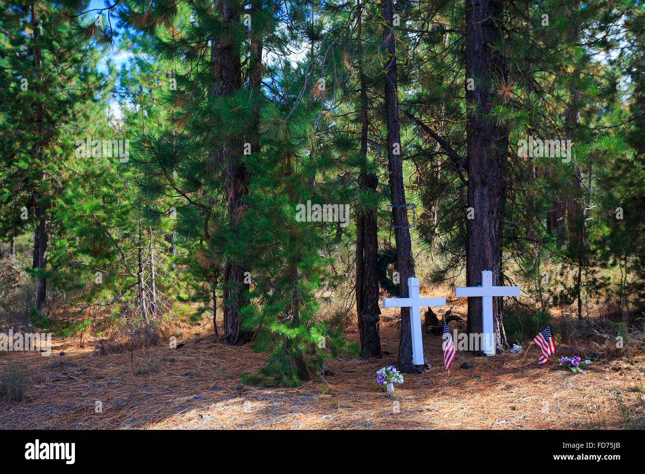 Croix blanches montrent où deux personnes sont mortes dans un accident de la circulation sur l'autoroute il y a des années. Banque D'Images