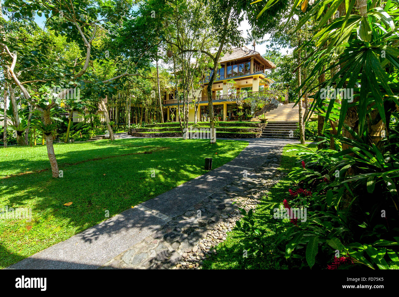 Hôtel complexe dans un bon hôtel de ville de Ubud, palmiers, surfaces de l'eau, Ubud, Bali, Indonésie, Asie Banque D'Images