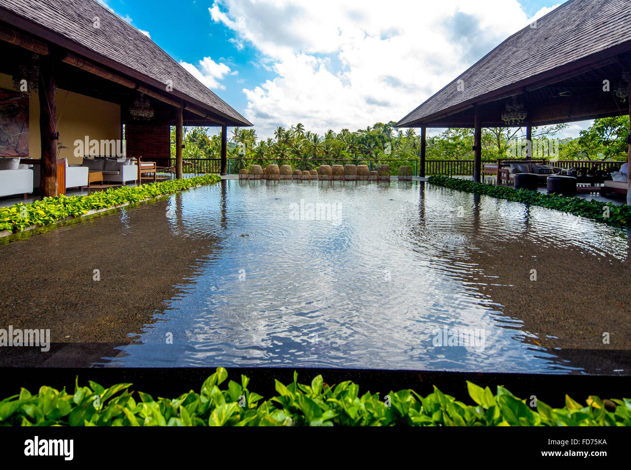 Hôtel complexe dans un bon hôtel de ville de Ubud, palmiers, surfaces de l'eau, Ubud, Bali, Indonésie, Asie Banque D'Images