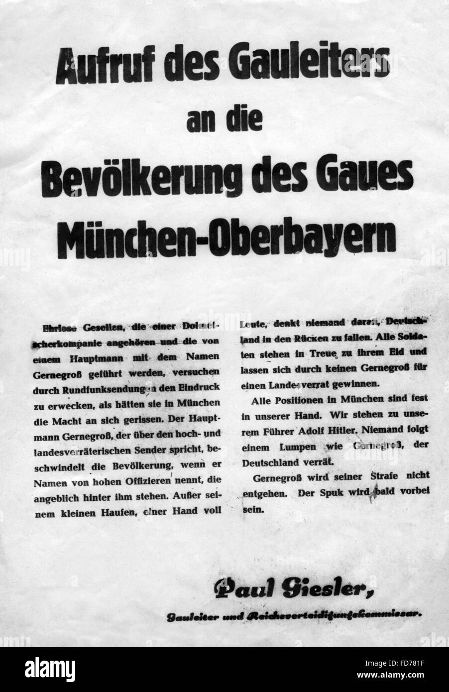 Affiche de propagande contre une action de résistance à Munich, 1945 Banque D'Images