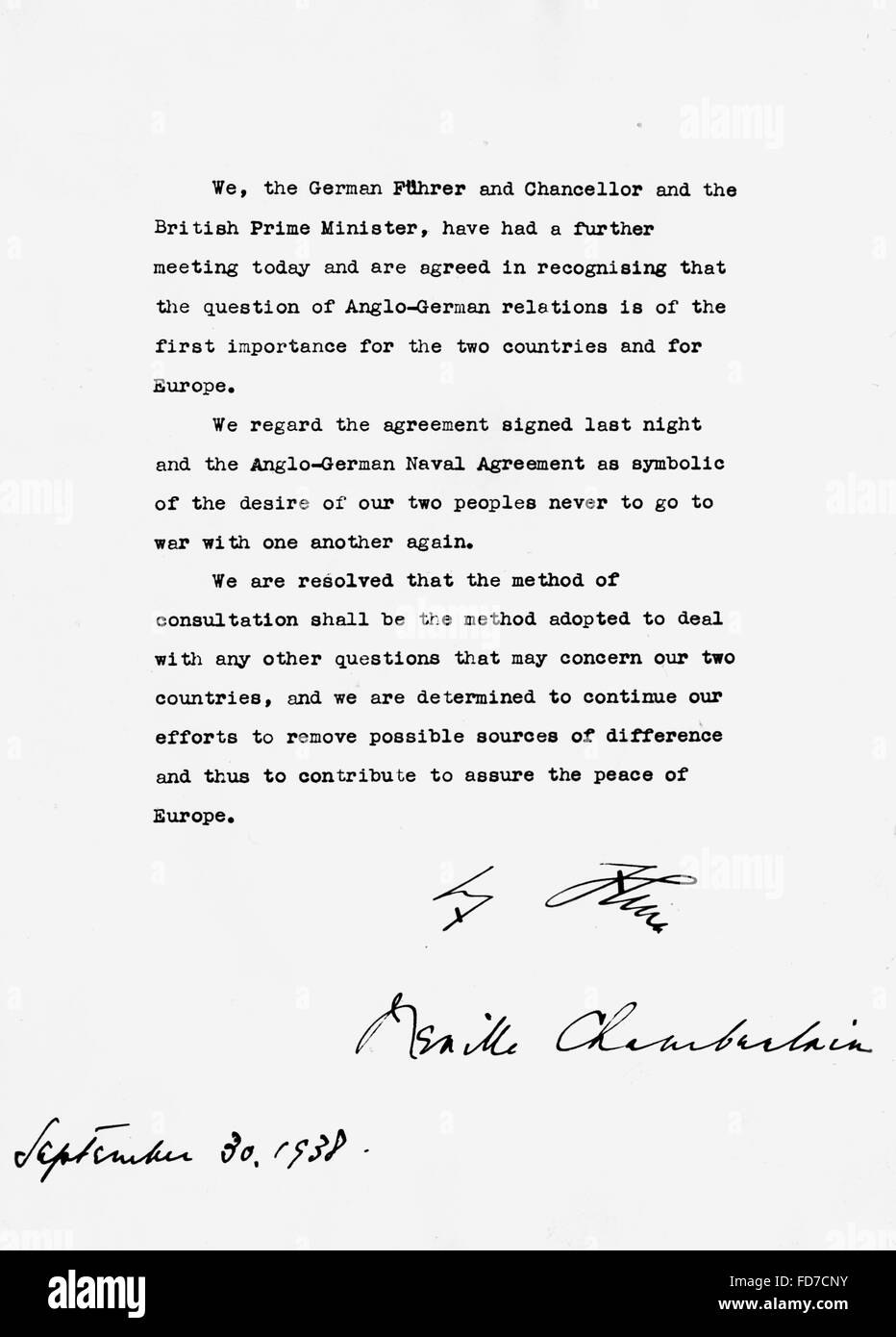 Déclaration commune par Hitler et Chamberlain après les accords de Munich, 1938 Banque D'Images