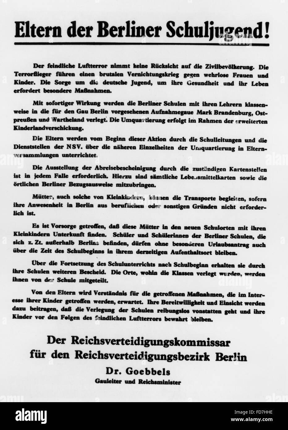 Affiche l'information sur Kinderlandverschickung (évacuation des enfants) Banque D'Images