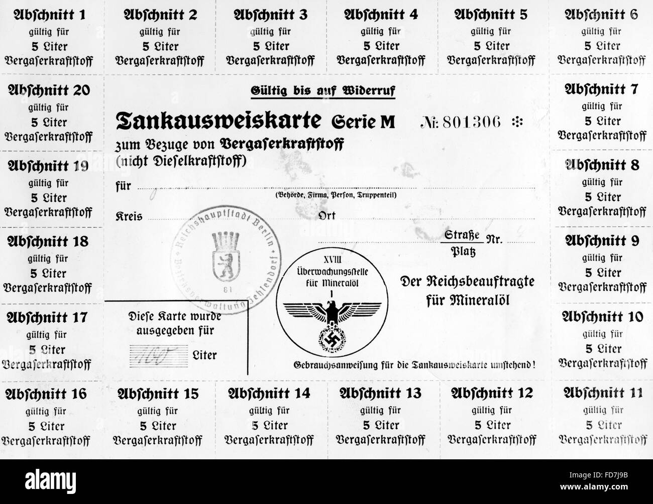 Carte d'identification du réservoir de Berlin, 1939 Banque D'Images
