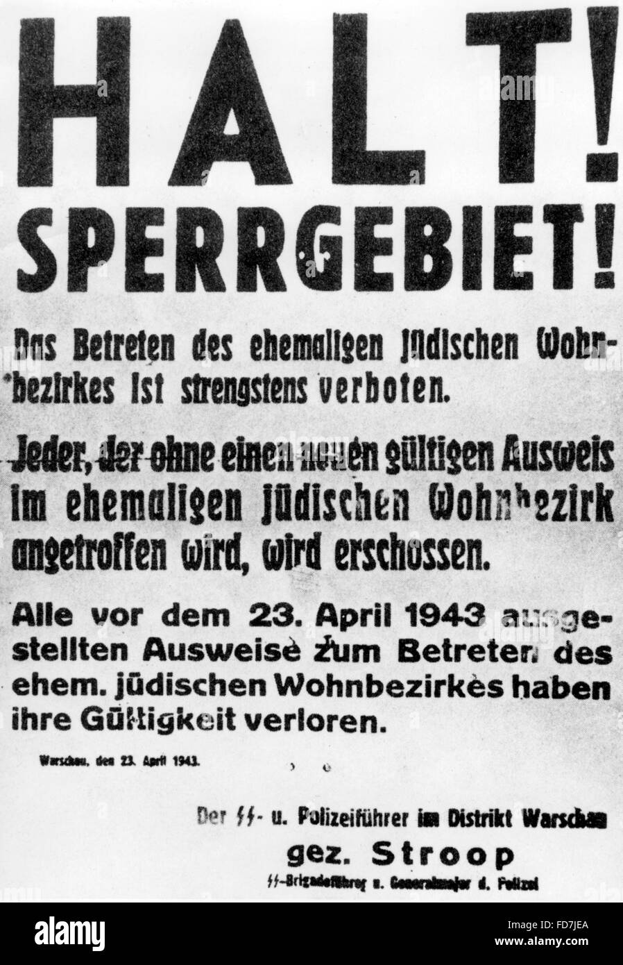 Restricted Area sign pendant l'insurrection du Ghetto de Varsovie, 1943 Banque D'Images