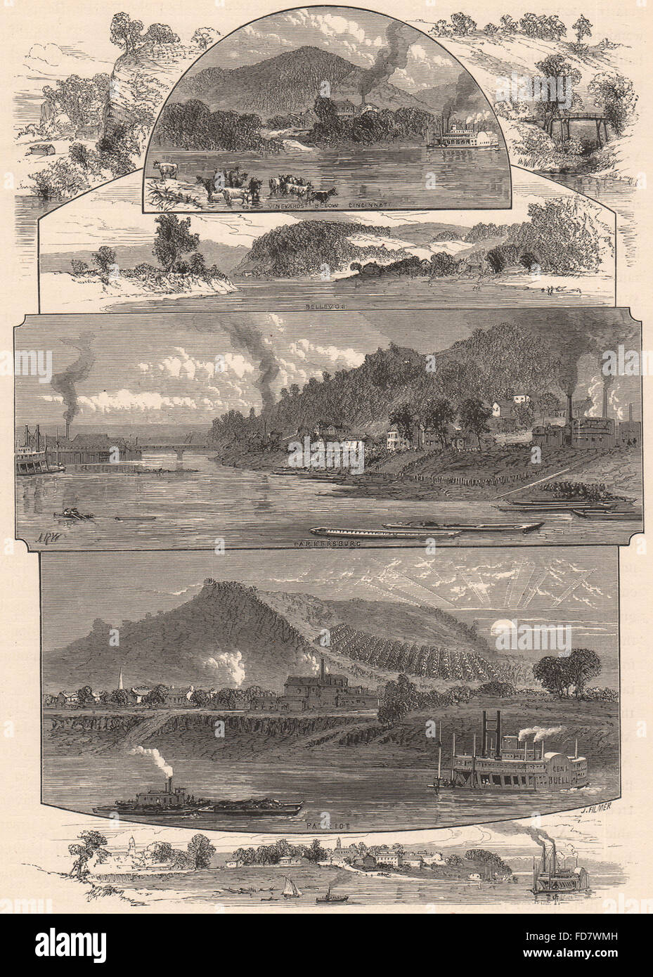 OHIO : vignes en dessous de Cincinnati ; Bellevue ; Parkersburg, patriote, print 1874 Banque D'Images