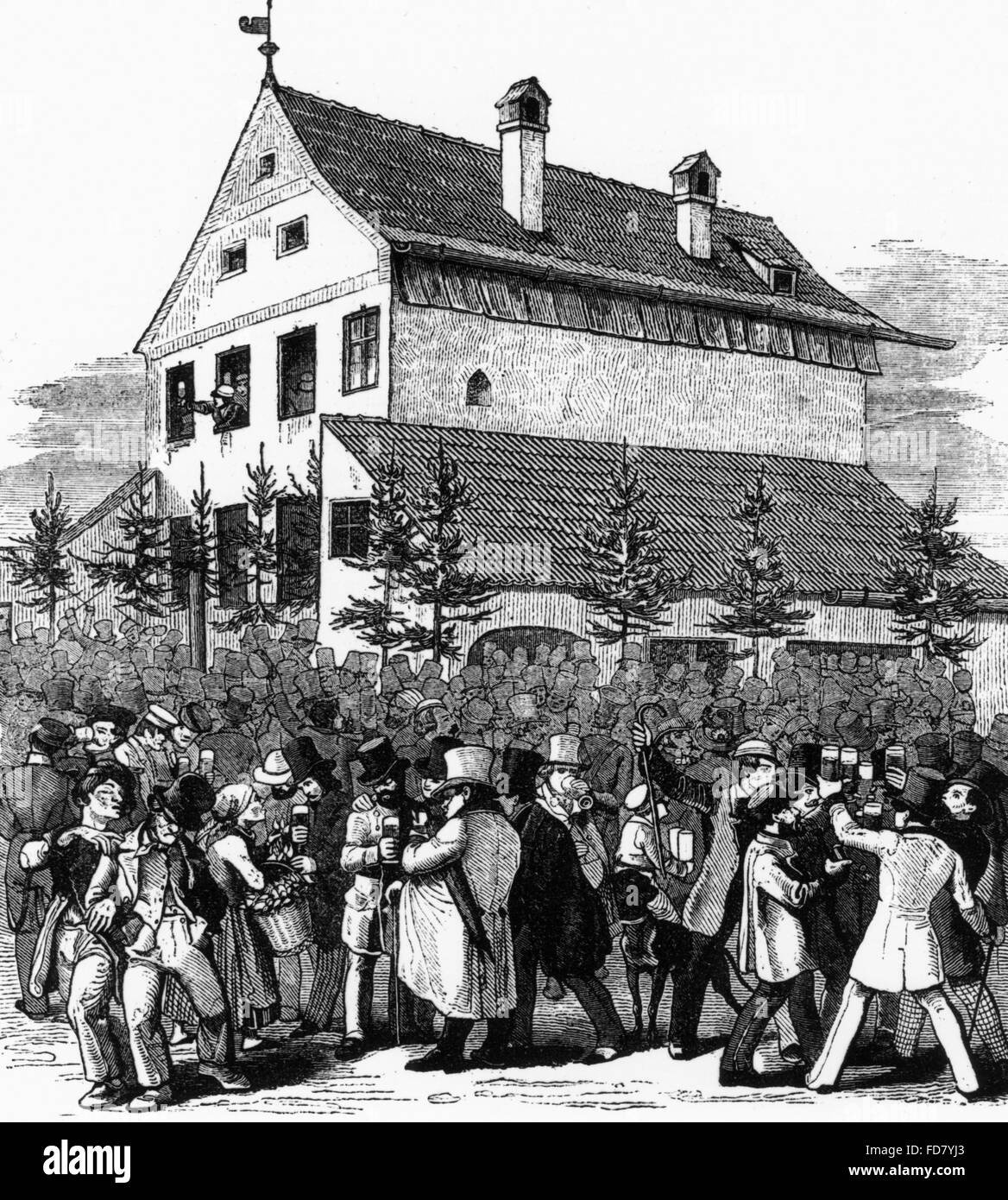 La bière bock tapping dans une cave à bière de Munich, 1845 Banque D'Images