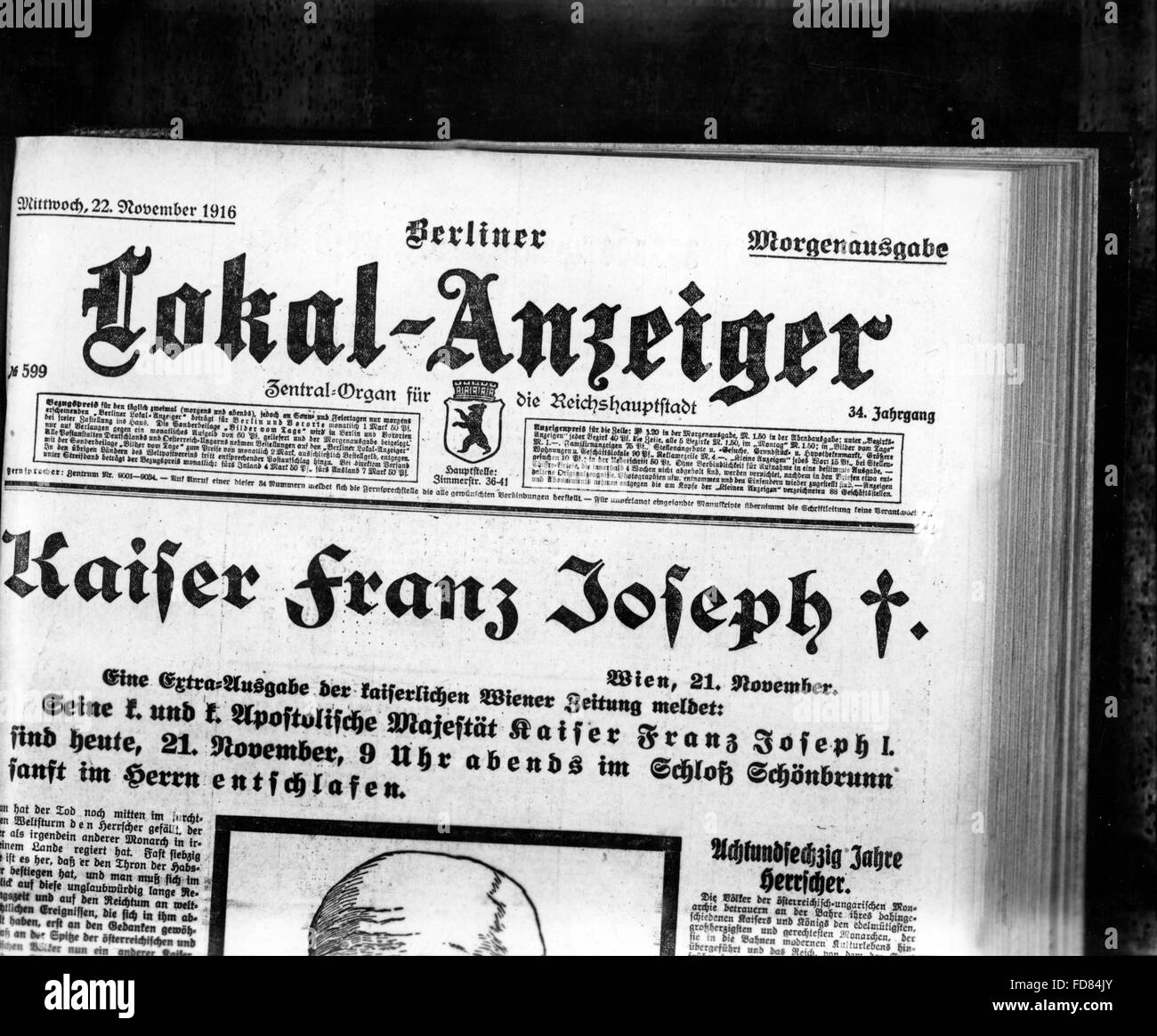 Avis sur Franz Joseph I. Dans le journal de Berlin, 1916 Banque D'Images