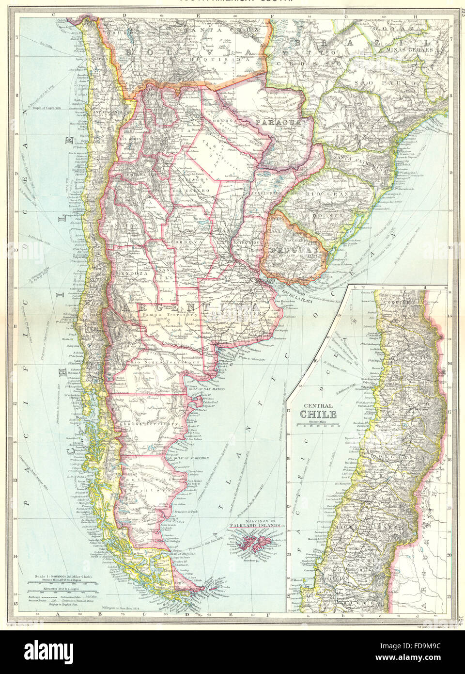 L'AMÉRIQUE DU SUD, AU SUD : Argentine Chili, 1907 carte antique Banque D'Images