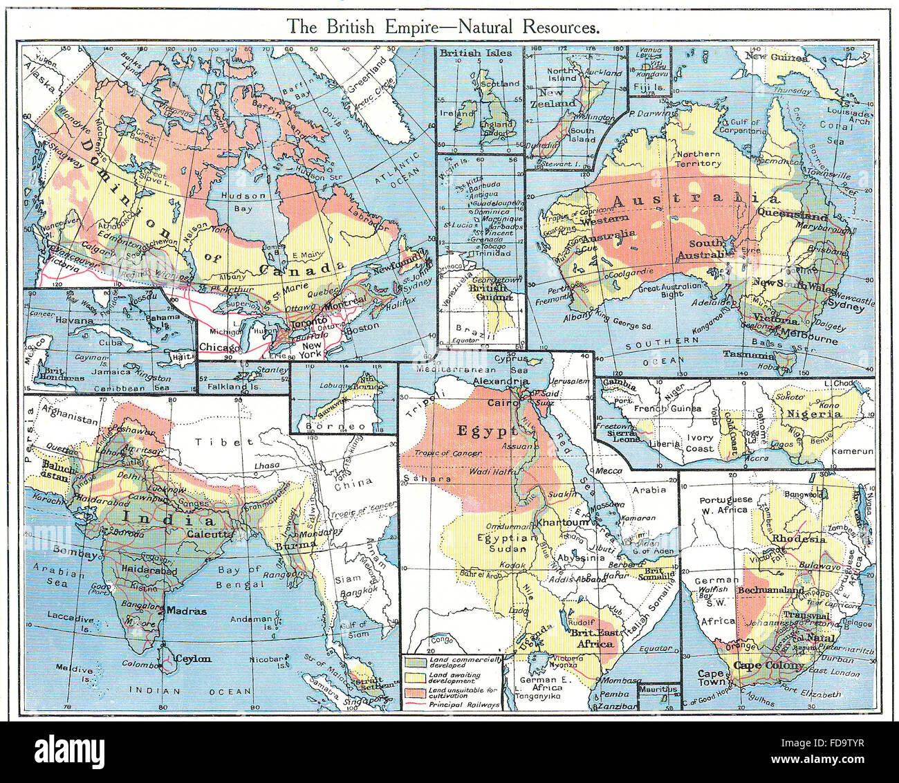 L'EMPIRE BRITANNIQUE : ressources agricoles naturelles Australie Inde Canada, 1907 map Banque D'Images