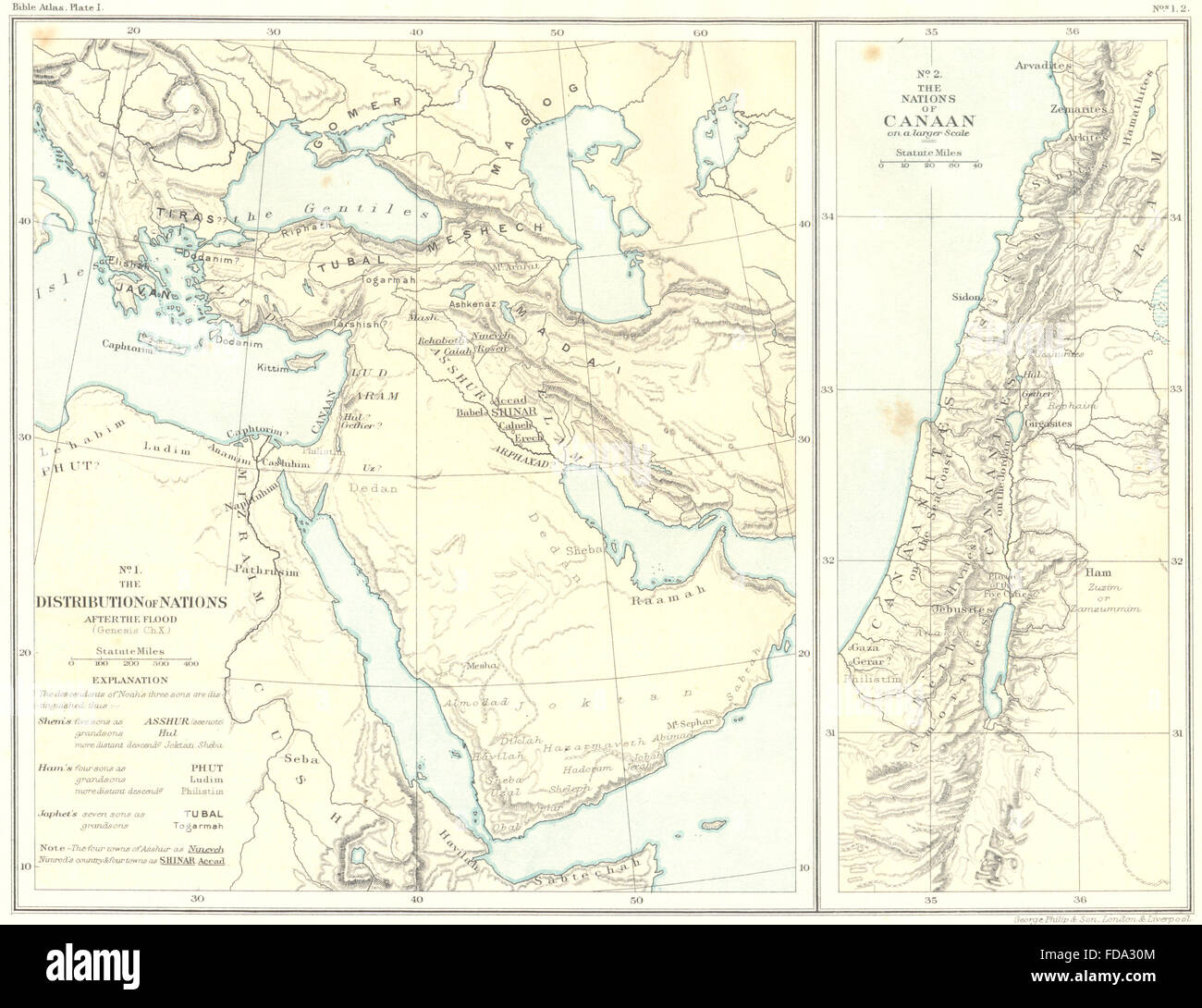 Moyen-orient : Nations post crue ; de Canaan, 1900 carte antique Banque D'Images