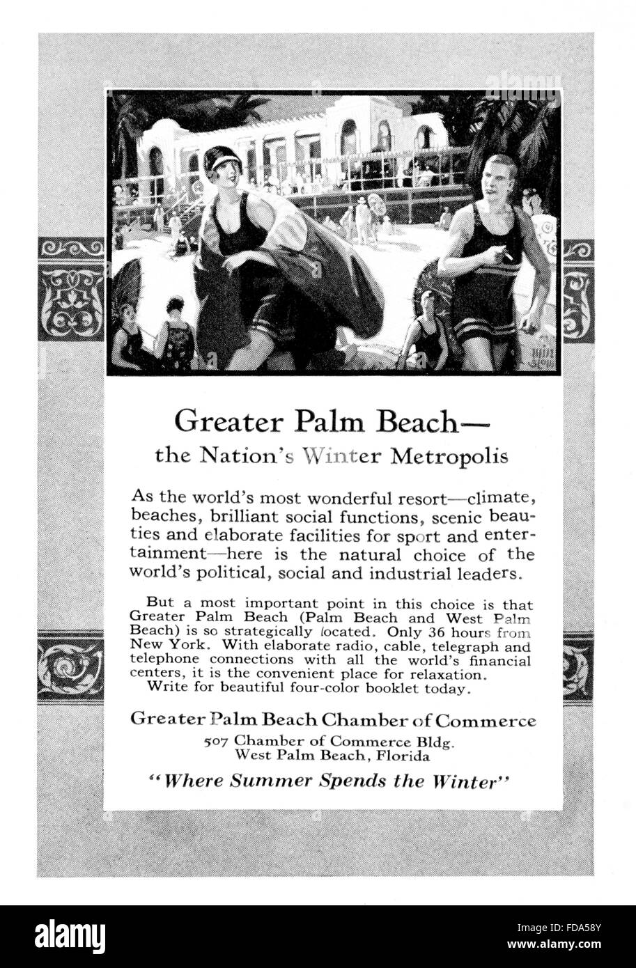 Vacances en Floride, plus de Palm Beach, la métropole d'hiver, voyages publicité de 1926 Banque D'Images Vacances en Floride, plus de Palm Beach, la métropole d'hiver, voyages publicité de 1926 Banque D'Images