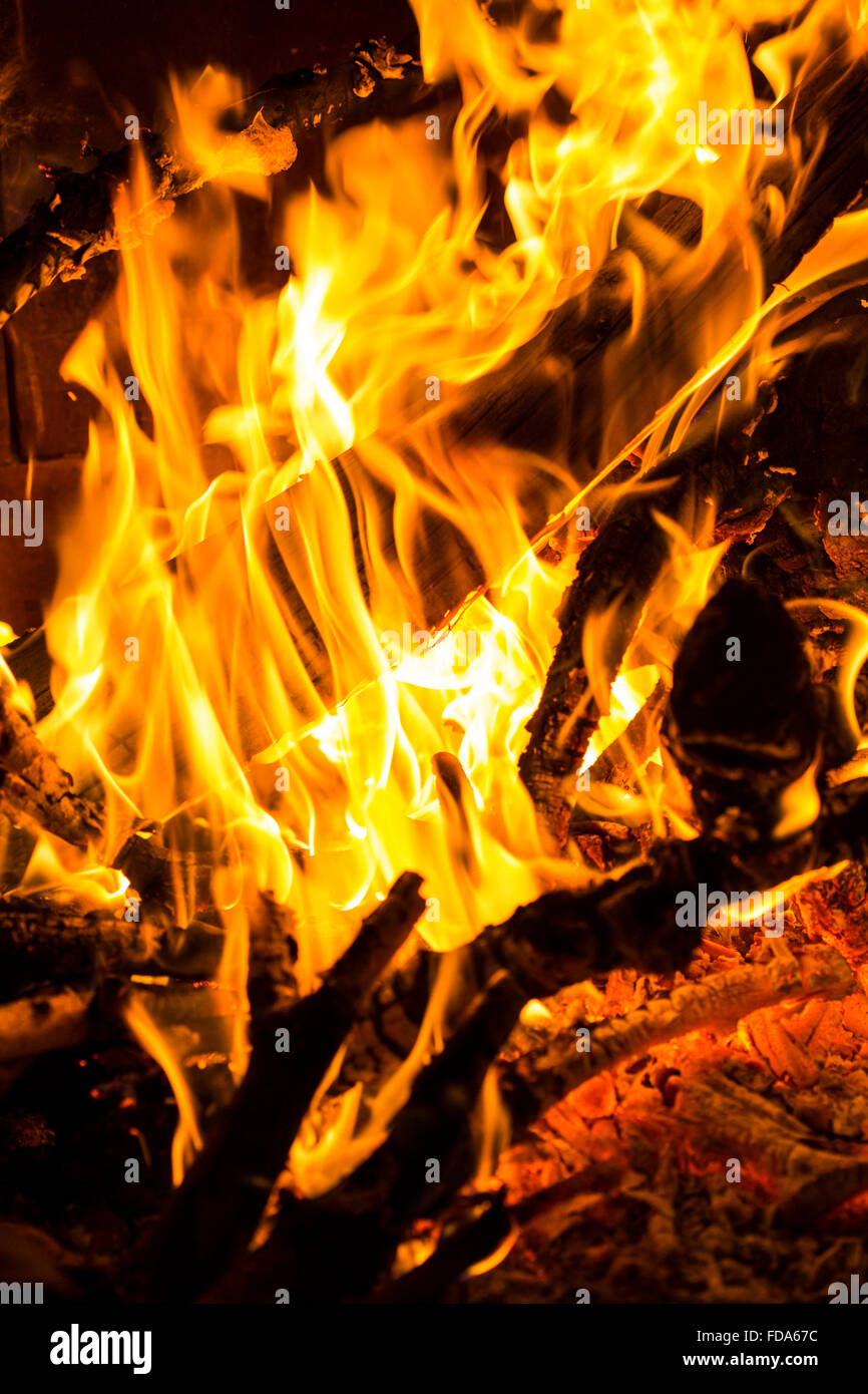 Libre d'un feu de bois avec des flammes brûler les branches et de sciage. Vertical image. Banque D'Images