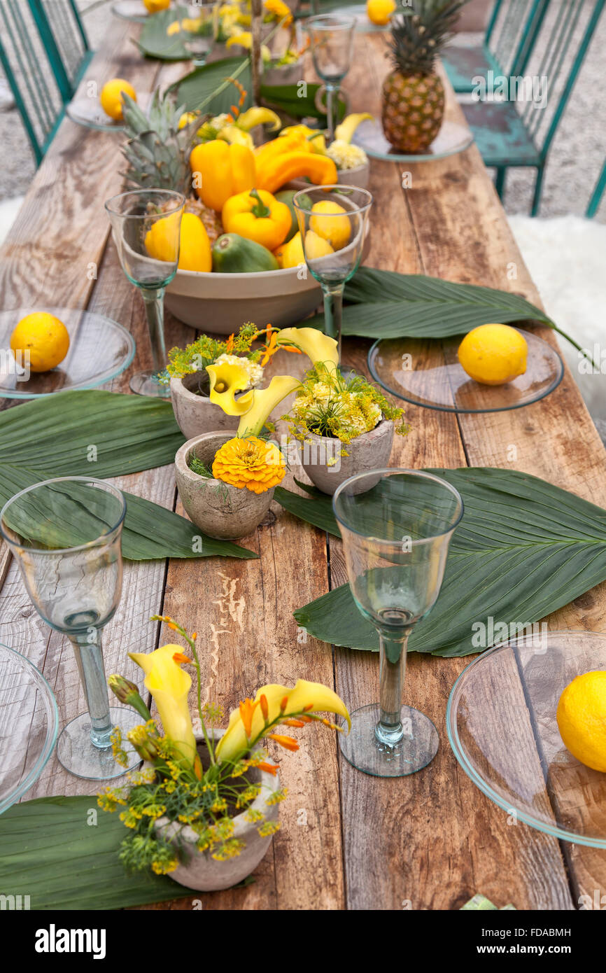 Image d'une table rustique pour le dîner dans le jardin. Banque D'Images