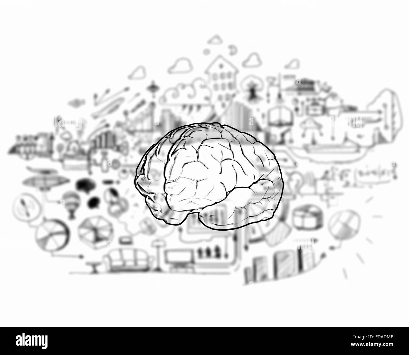 Croquis du cerveau humain et des idées d'entreprise et stratégie sur fond blanc Banque D'Images