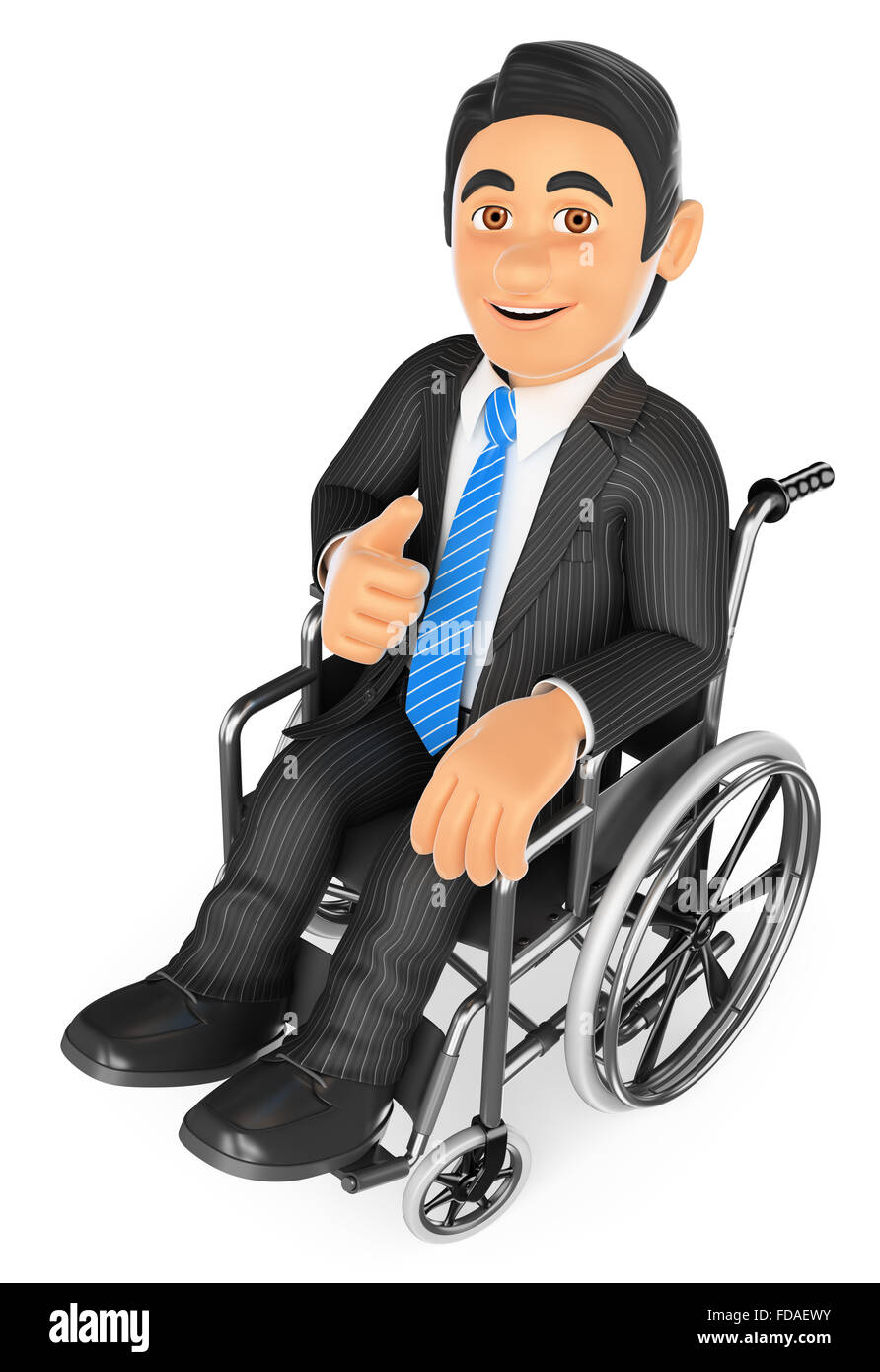 Les gens d'affaires. 3d homme d'handicapés avec le pouce sur un fauteuil roulant. isolé sur fond blanc. Banque D'Images