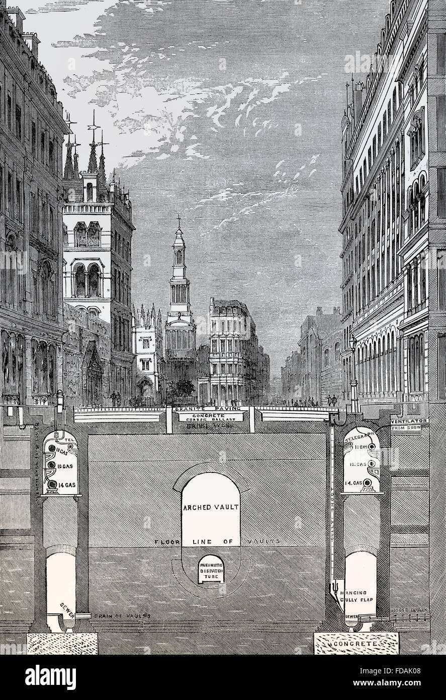 Shematical HOLBORN VIADUCT, vue en coupe du passage inférieur, 19e siècle, Londres, Angleterre Banque D'Images
