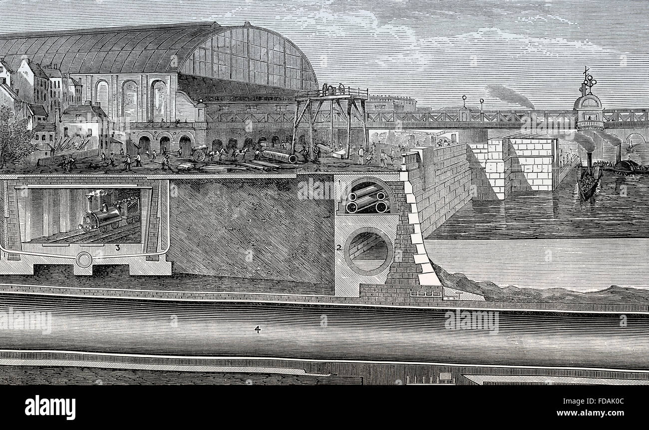 Shematical vue en coupe de la Thames Embankment, 1867, 19e siècle, Londres, Angleterre Banque D'Images