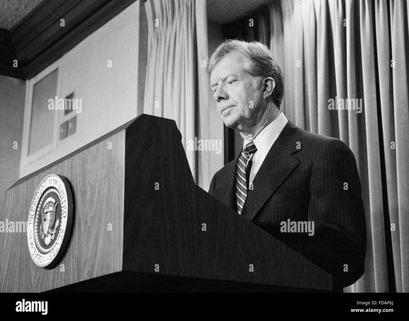 Jimmy Carter, 39e Président des Etats-Unis, s'adressant à la presse en avril 1980 Banque D'Images