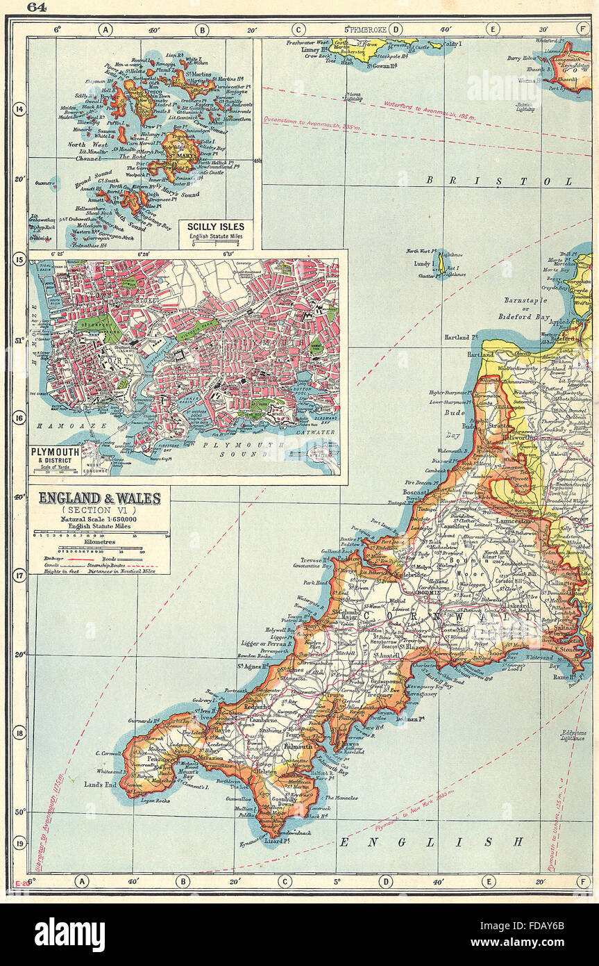 En médaillon : CORNWALL Îles Scilly et plan de Plymouth & Devonport, 1920 carte vintage Banque D'Images