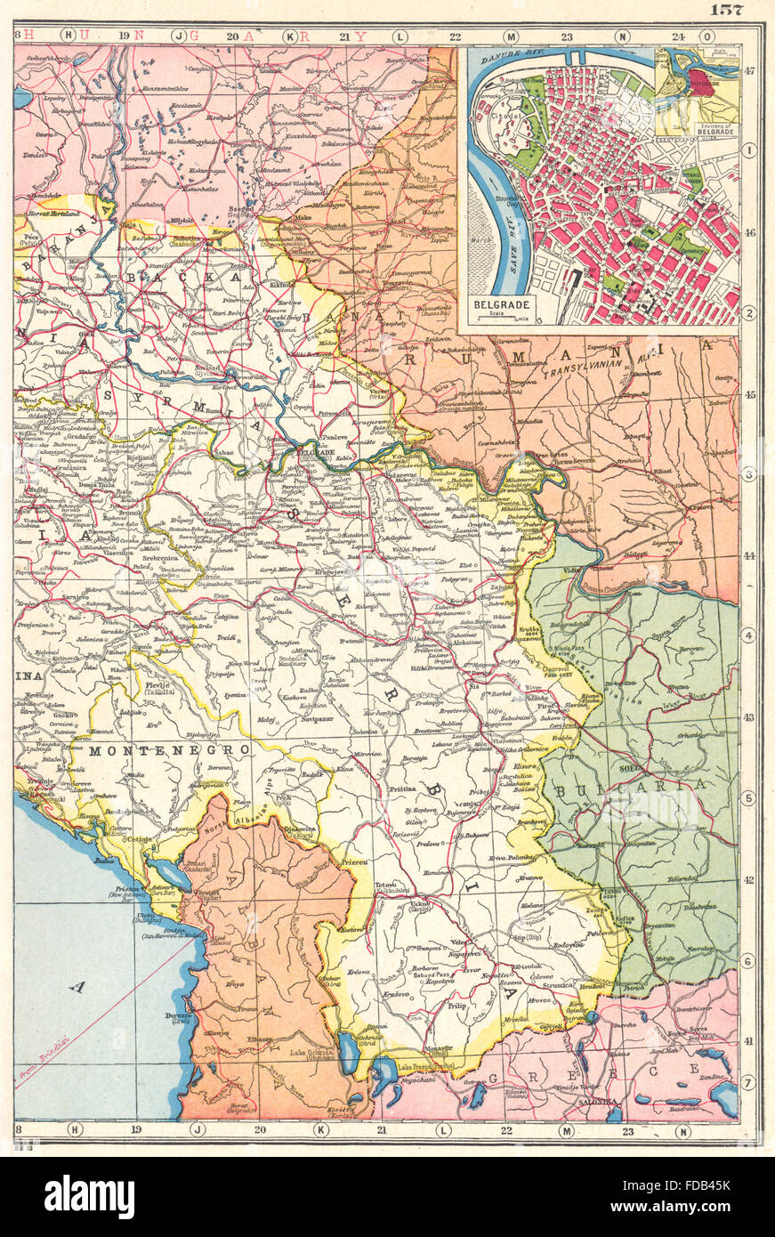 Serbie : le Monténégro ; Yougoslavie Est. L'encart plan de Belgrade. HARMSWORTH, 1920 map Banque D'Images