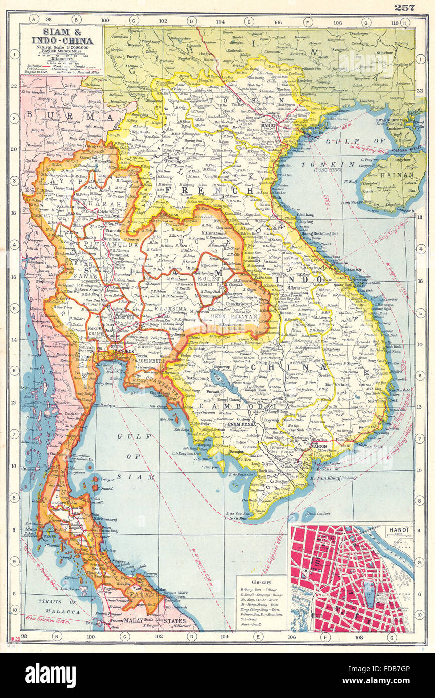 INDO-CHINE française : SIAM Thaïlande Vietnam Cambodge Laos ; médaillon Hanoi, 1920 map Banque D'Images