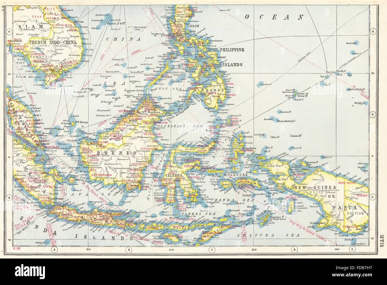 Indonésie Philippines : l'Asie du Sud Est.Industrial montrant les principaux produits de consommation, la carte 1920 Banque D'Images