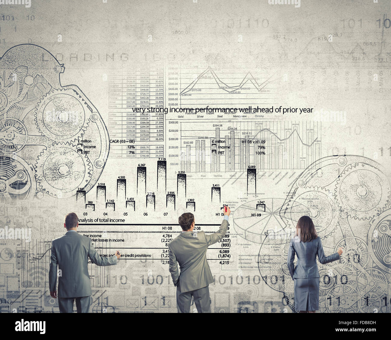 Business team standing avec retour dessin concepts commerciaux sur le mur Banque D'Images