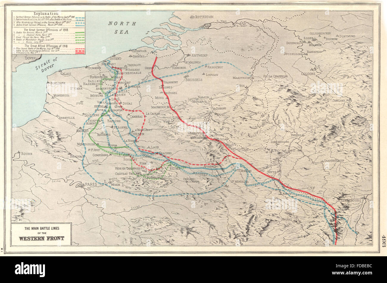 La seconde guerre mondiale 1 : Principales lignes de bataille du front occidental. 1914-1918, 1920 carte vintage Banque D'Images