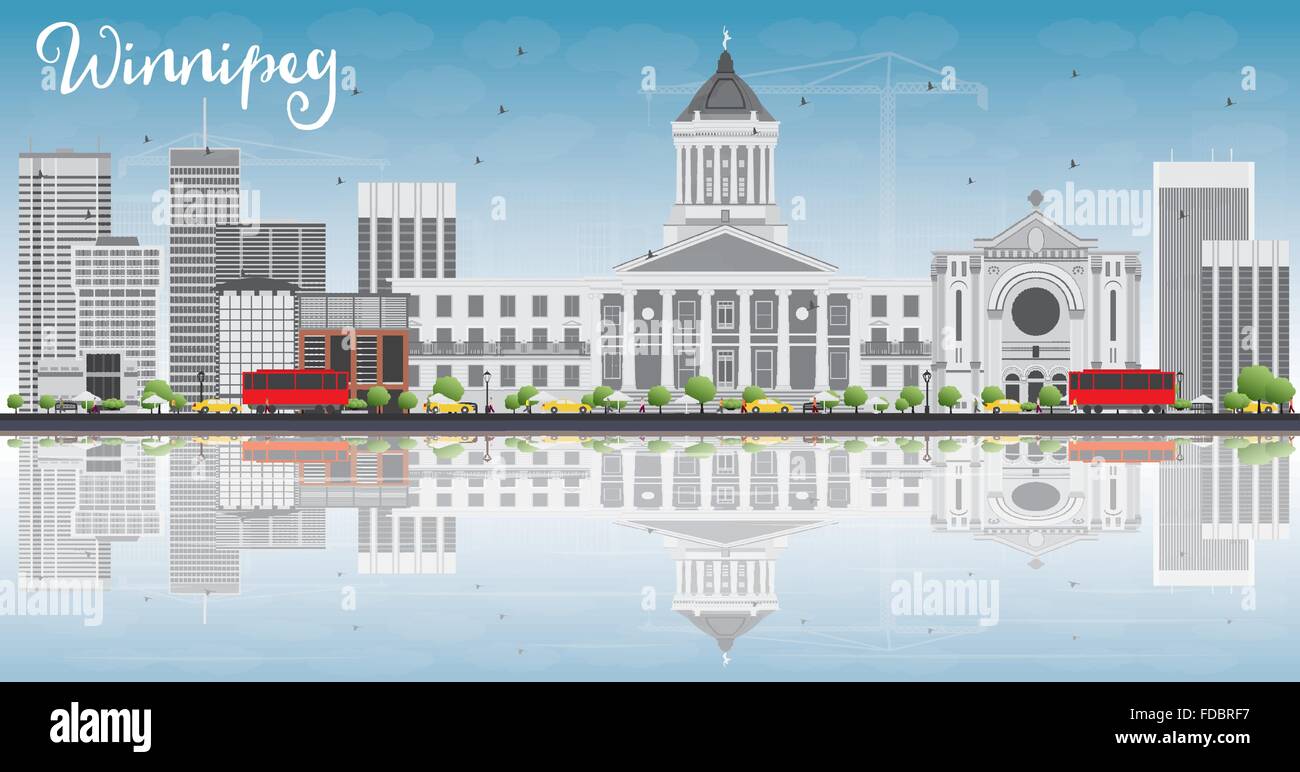 Toits de Winnipeg avec des bâtiments gris, ciel bleu et des réflexions. Vector Illustration. Les voyages d'affaires et tourisme Concept Illustration de Vecteur