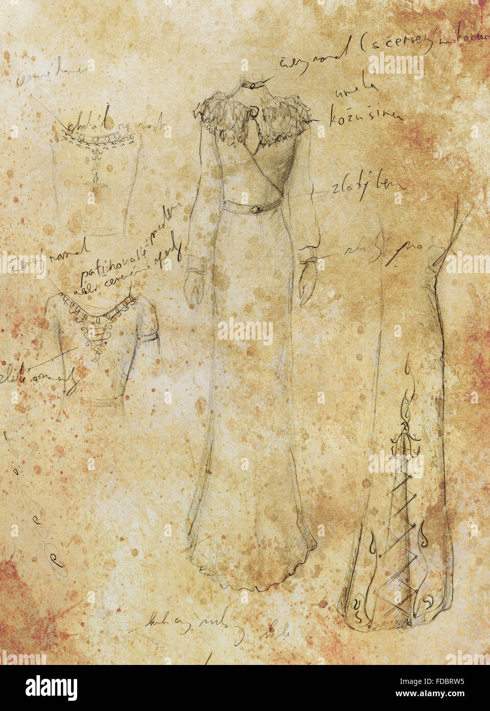 Dessin de femme robe historique médiévale sur papier, croquis, créateur et patron d'ornement. Banque D'Images