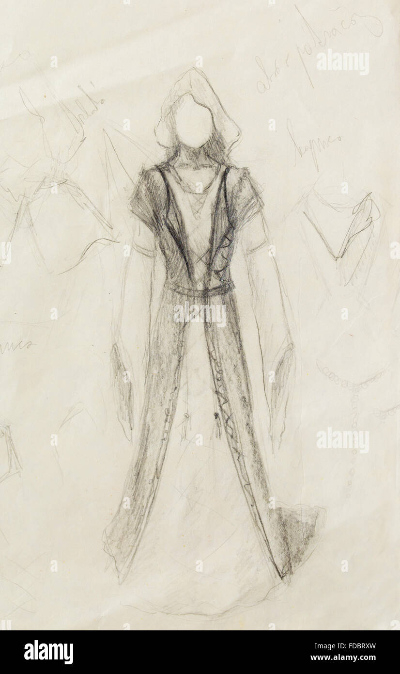 Dessin de femme robe historique médiévale sur papier, croquis, créateur et patron d'ornement. Banque D'Images
