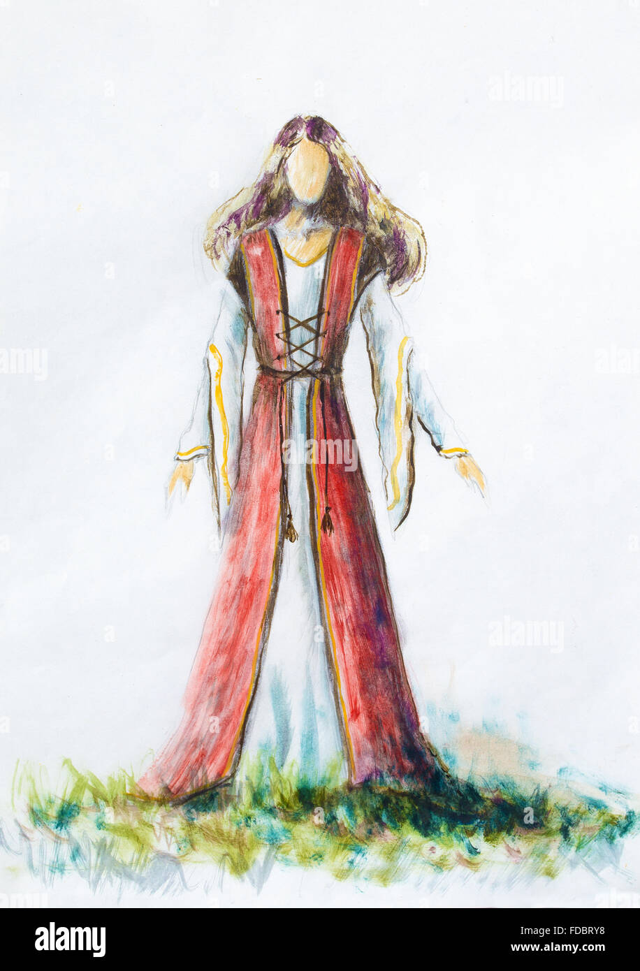 Peinture de femme robe historique médiévale sur papier, designer de croquis. Banque D'Images