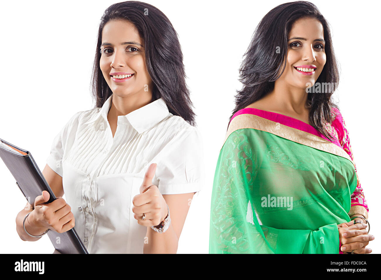 2 femme adulte indien femme au foyer et secrétaire comité permanent contraste comparaison montage photo Banque D'Images