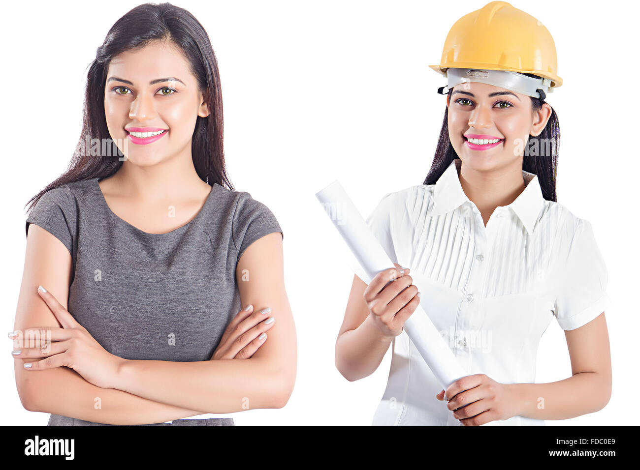 2 adultes indiens femme ingénieur et business woman standing contraste comparaison montage photo Banque D'Images