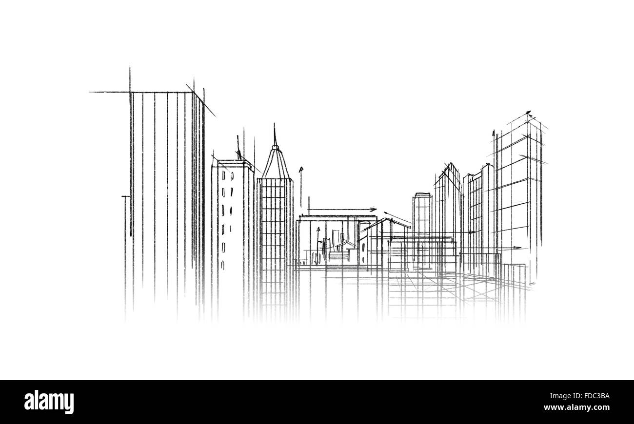 Image en arrière-plan avec des croquis au crayon de la construction urbaine Banque D'Images