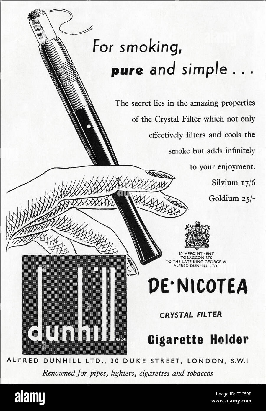 Vintage Original advert à partir de 1950. Publicité de 1954 Dunhill publicité porte-cigarette. Banque D'Images